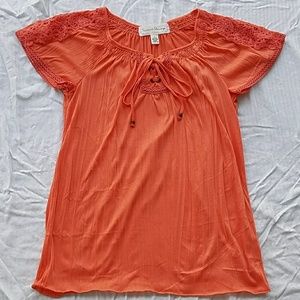 Coral Colored Lace Tie Up Peasant Top